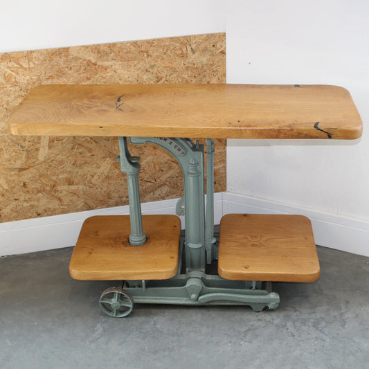 Handmade console table repurposed from vintage Avery industrial weighing scales with lacquered oak shelves and cast iron base.